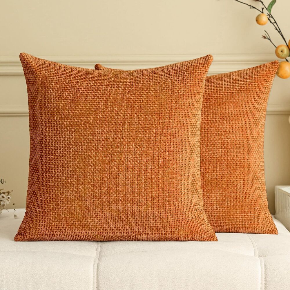 8383 Fall Orange Chenille Throw Pillow Covers 22x22 Inch Pack of 2 Modern